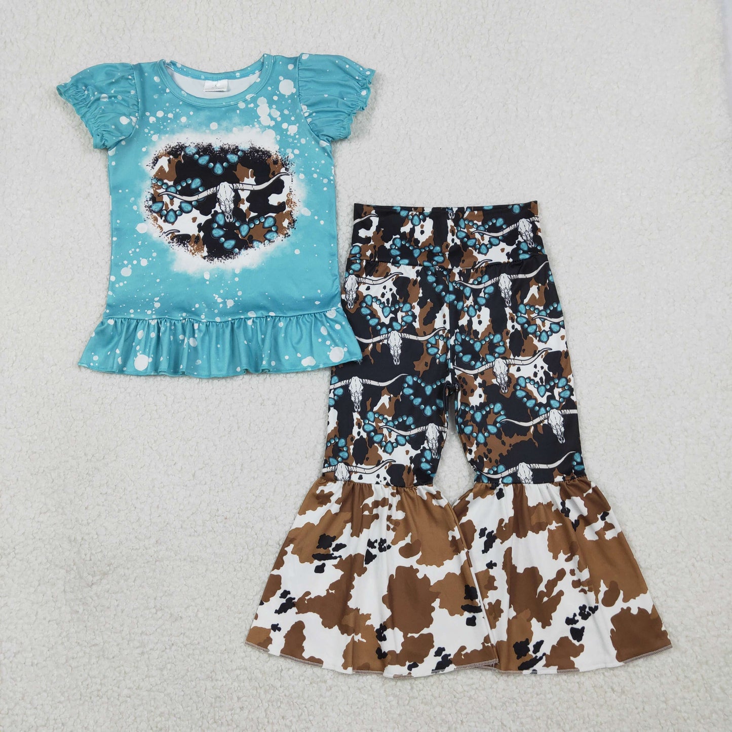 1.20 RTS NO MOQ （In stock）GSPO2116 Baby Girls Bull Skulls Turquoises Top Bell Bottom Pants Western Clothes Sets