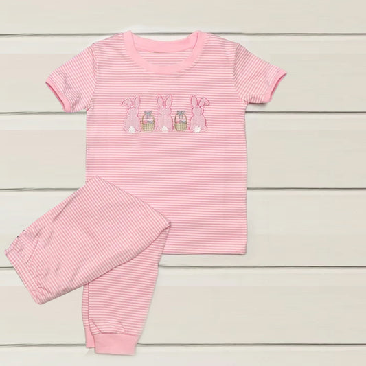 10.13 GSPO2117 Pre order No Moq Baby Girls Pink Stripe Rabbits Eggs Top Pants Easter Pajamas Sets