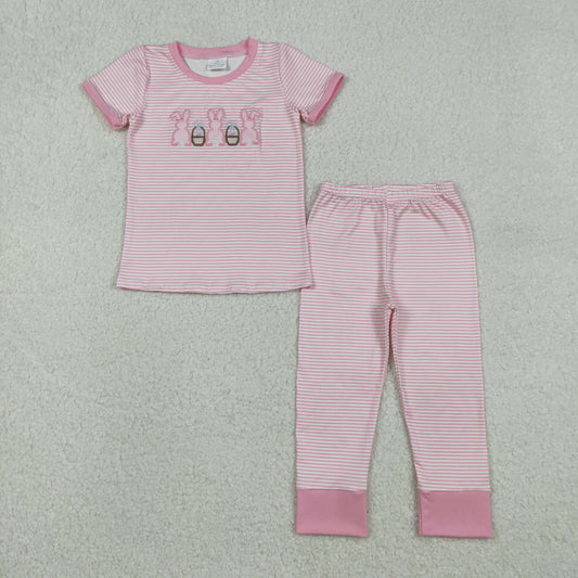 12.8 RTS NO MOQ （In stock）GSPO2117 Embroidery Rabbits Eggs Baby Girls Pink Stripe Top Pants Easter Pajamas Sets