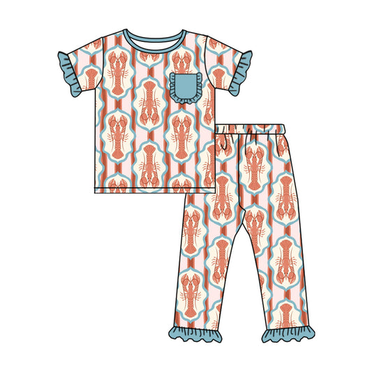 10.14 GSPO2118 Pre order No Moq Baby Girls Crayfishes Checked Pocket Top Ruffle Pants Pajamas Sets