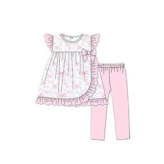 10.14 GSPO2119 Pre order No Moq Baby Girls Flutter Sleeve Bows Floral Ruffle Tunic Leggings Clothes Sets