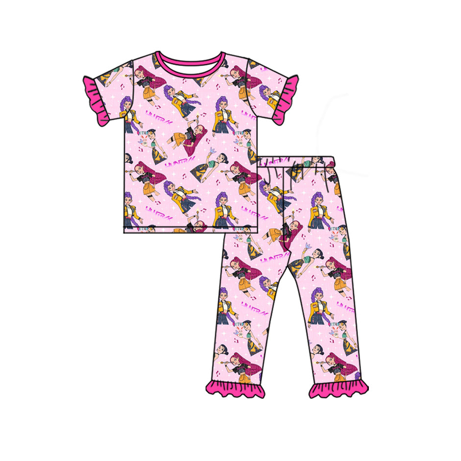 10.15 GSPO2121 Pre order No Moq Baby Girls Pink Cartoon Girls Top Ruffle Pants Pajamas Sets