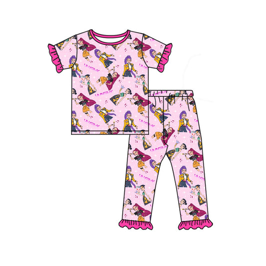 10.15 GSPO2121 Pre order No Moq Baby Girls Pink Cartoon Girls Top Ruffle Pants Pajamas Sets