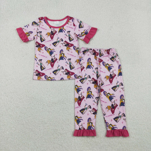 11.18 RTS NO MOQ （In stock）GSPO2121 Baby Girls Pink Demon Hunter Top Ruffle Pants Pajamas Sets