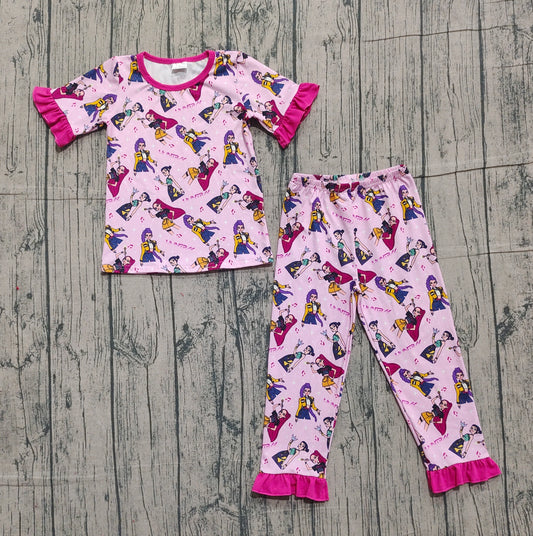 10.28 GSPO2121 Sample No Moq Baby Girls Pink Cartoon Girls Top Ruffle Pants Pajamas Sets