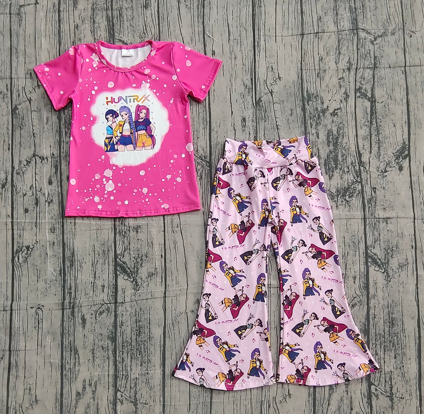 10.27 GSPO2122 Sample No Moq Baby Girls Pink Cartoon Girls Top Bell Bottom Pants Clothes Sets