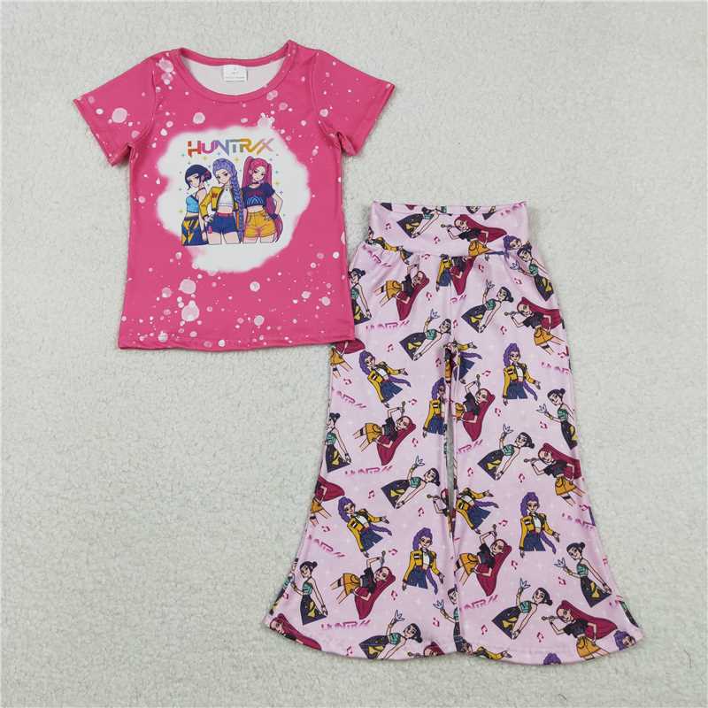 11.25 RTS NO MOQ （In stock）GSPO2122 Baby Girls Pink Cartoon Demon Hunter Top Flare Pants Clothes Sets