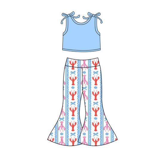 10.15 GSPO2123 Pre order No Moq Baby Girls Blue Sleeveless Vest Crayfishes Bell Bottoms Clothes Sets
