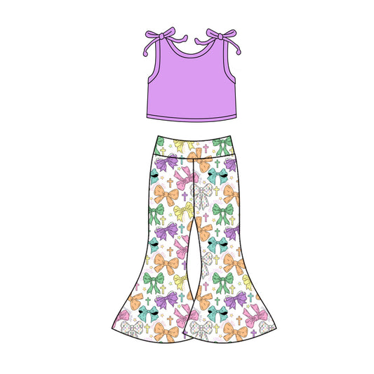 10.15 GSPO2124 Pre order No Moq Baby Girls Lavender Vest Bows Cross Bell Bottom Pants Easter Clothes Sets