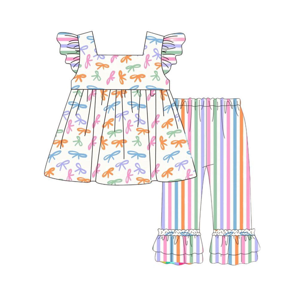 10.20 GSPO2125 Pre order No Moq Baby Girls Colorful Bows Tunic Stripe Ruffle Pants Clothes Sets