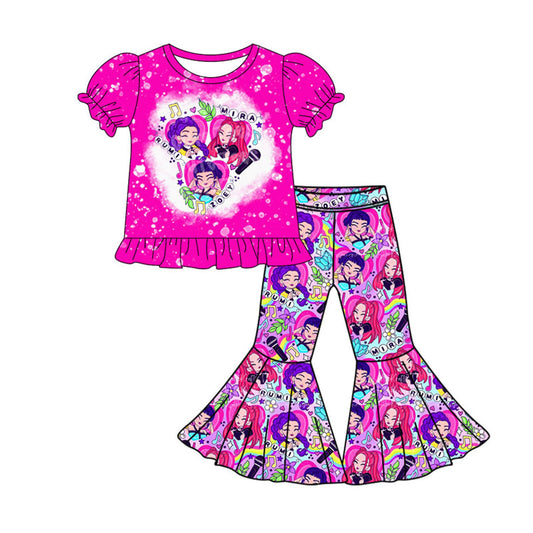 10.22 GSPO2128 Pre order No Moq Baby Girls Hot Pink Cartoon Girls Ruffle Top Bell Bottom Pants Clothes Sets