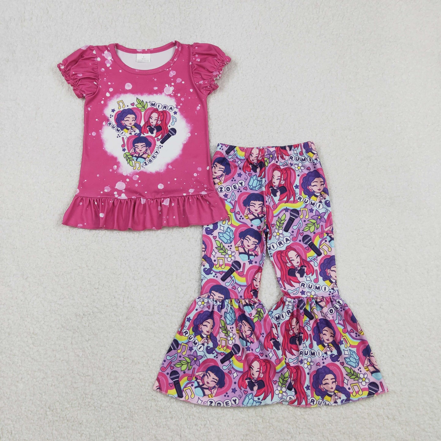 11.21 RTS NO MOQ （In stock）GSPO2128 Baby Girls Hot Pink Demon Hunter Ruffle Top Bell Bottom Pants Clothes Sets
