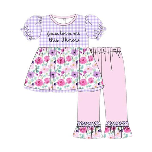 10.22 GSPO2129 Pre order No Moq Baby Girls Jesus Love Me Floral Tunic Ruffle Pants Clothes Sets