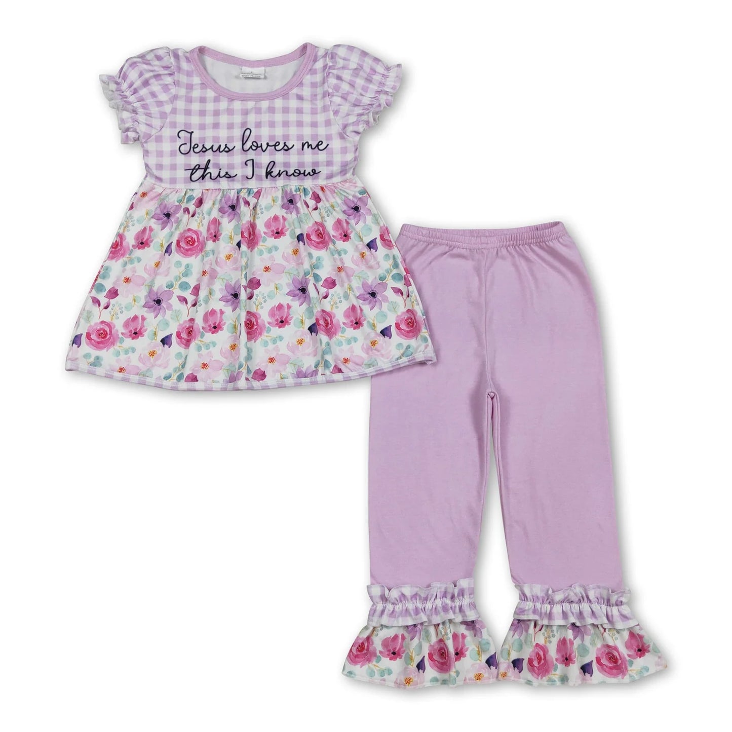 12.11 RTS Sibling Baby Girls Flowers Checked Jesus Love Me Tunic Ruffle Pants Set Tunic Ruffle Rompers