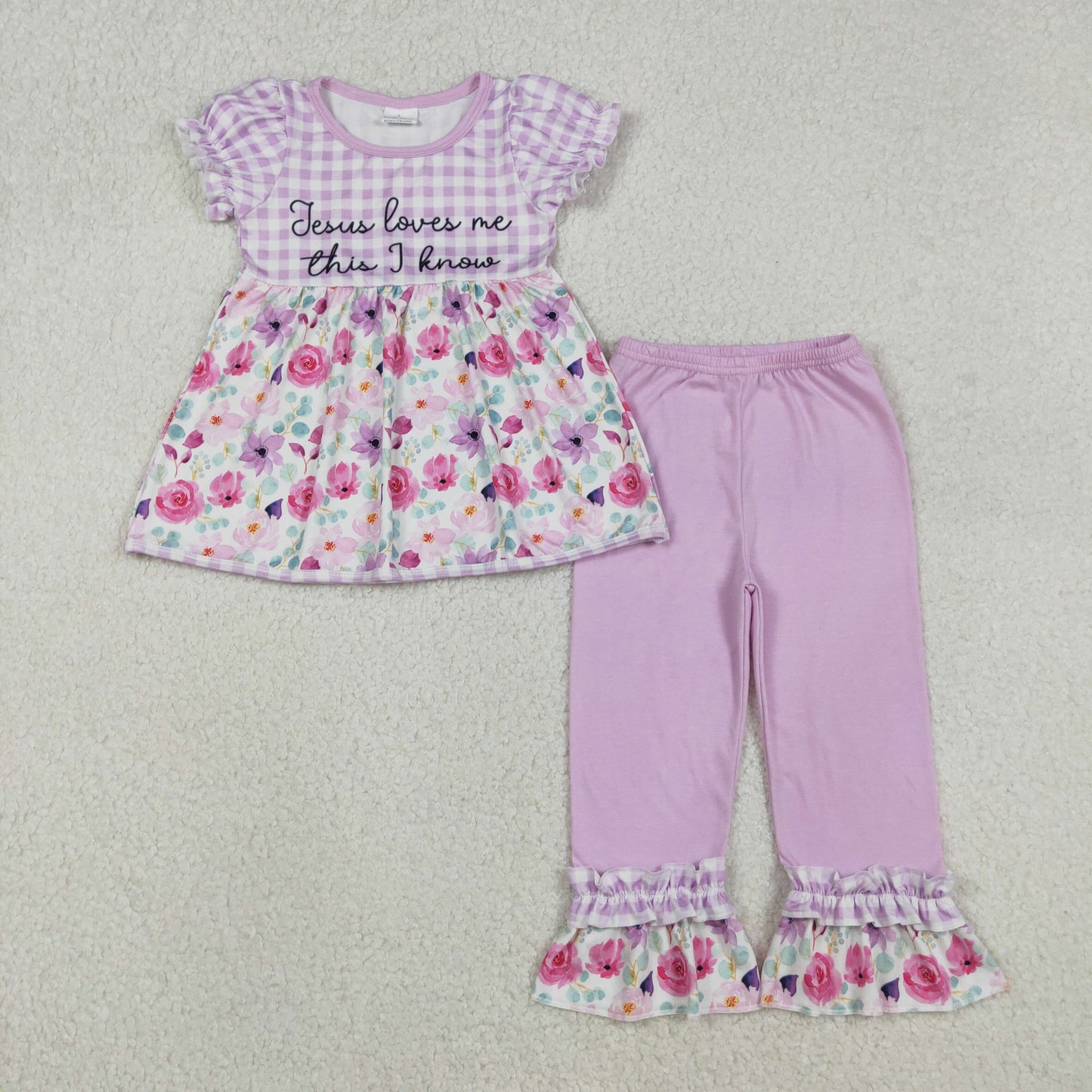 12.4 RTS NO MOQ （In stock）GSPO2129 Baby Girls Lavender Checked Jesus Love Me Flowers Tunic Ruffle Pants Clothes Sets