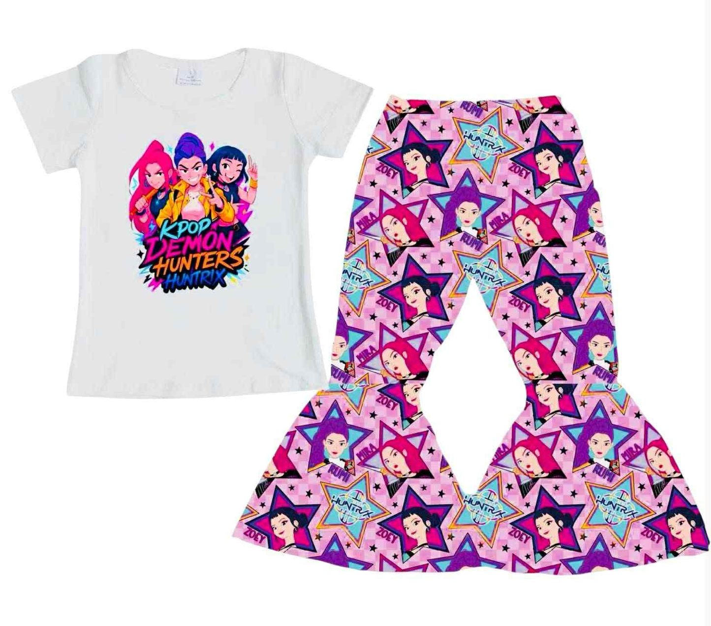 10.22 GSPO2130 Pre order No Moq Baby Girls Cartoon Hunters Top Bell Bottom Pants Clothes Sets
