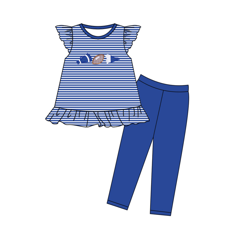 10.23 (Pre Order) No moq GSPO2132 PRE-ORDER Baby Girls Blue Stripe Footballs Tunic Legging Pants Team Clothes Sets