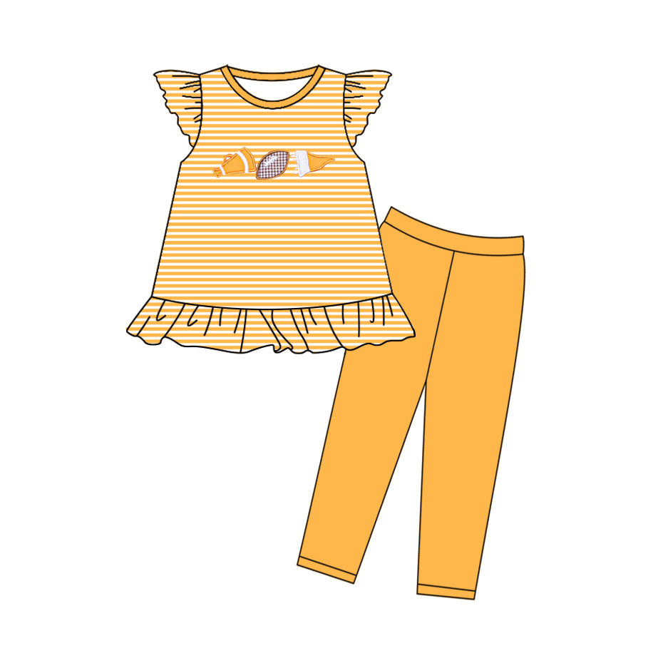 10.23 (Pre Order) No moq GSPO2133 PRE-ORDER Baby Girls Orange Stripe Footballs Tunic Legging Pants Team Clothes Sets