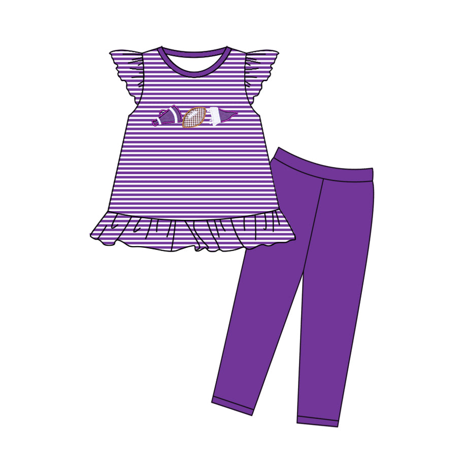10.23 (Pre Order) No moq GSPO2134 PRE-ORDER Baby Girls Purple Stripe Footballs Tunic Legging Pants Team Clothes Sets