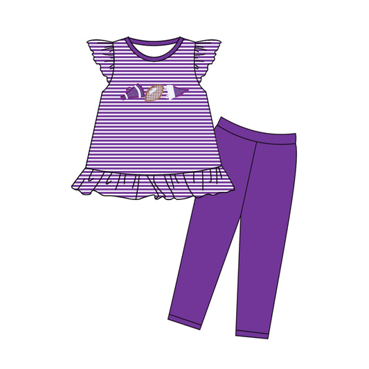 10.23 (Pre Order) No moq GSPO2134 PRE-ORDER Baby Girls Purple Stripe Footballs Tunic Legging Pants Team Clothes Sets