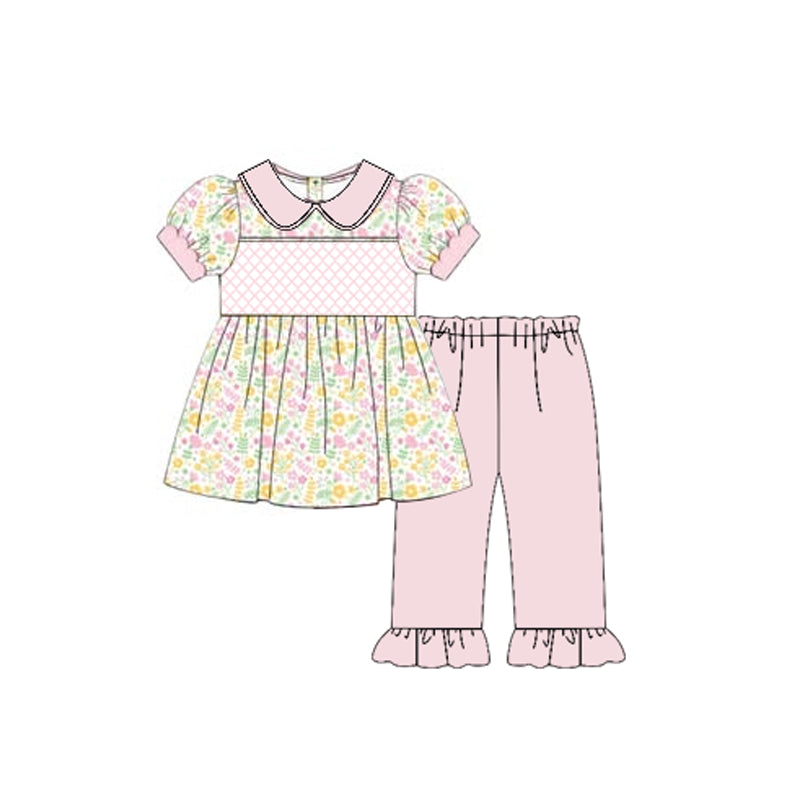 10.23 (Pre Order) No moq GSPO2135 PRE-ORDER Baby Girls Pink Floral Collar Tunic Ruffle Pants Clothes Sets
