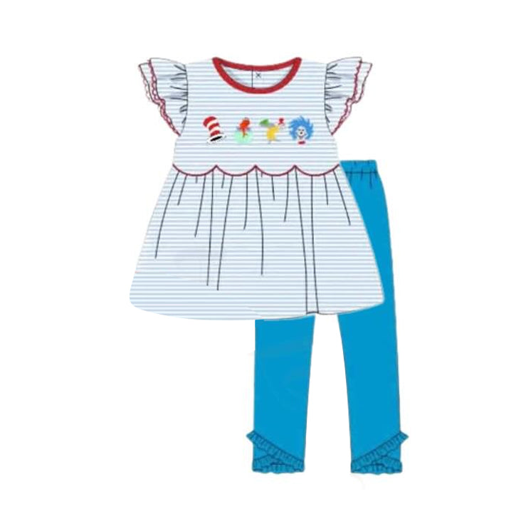 10.23 (Pre Order) No moq GSPO2136 PRE-ORDER Baby Girls Blue Stripe Mr Reading Tunic Ruffle Leggings Clothes Sets
