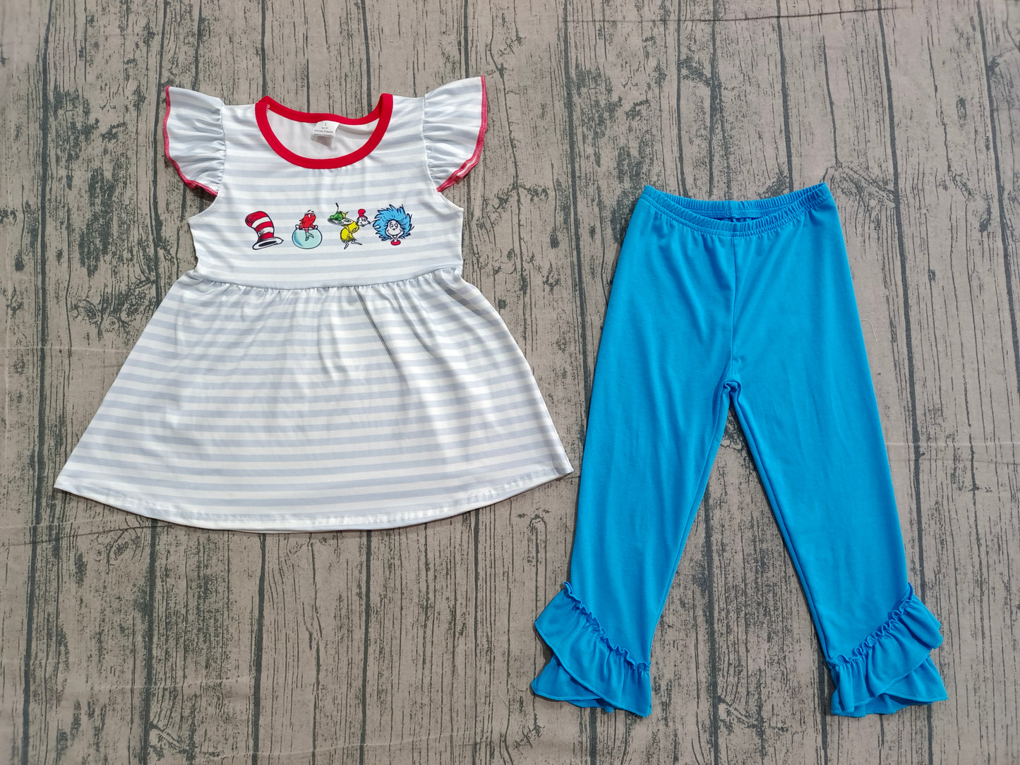 2.3 GSPO2136 Sample No Moq Baby Girls Blue Stripe Mr Reading Tunic Ruffle Leggings Clothes Sets
