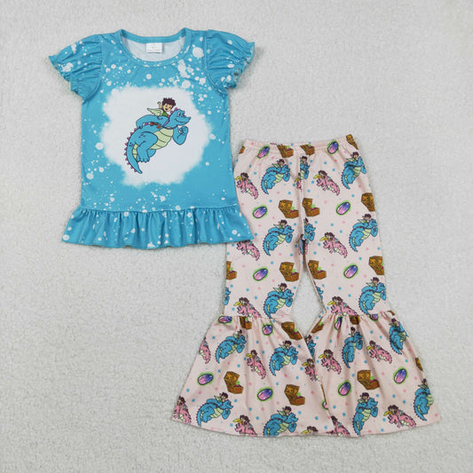11.18 RTS NO MOQ （In stock）GSPO2137 Baby Girls Cartoon Dragon Ruffle Top Bell Bottom Pants Clothes Sets