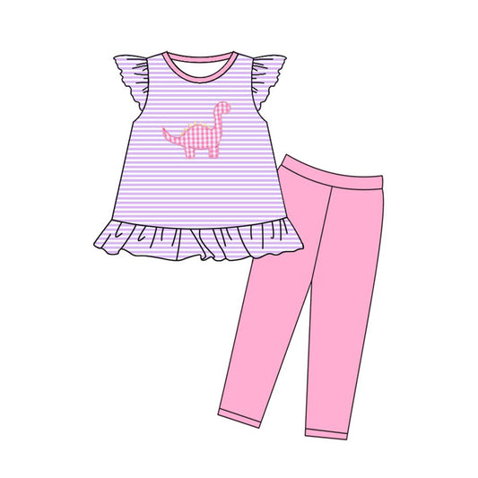 10.23 (Pre Order) No moq GSPO2138 PRE-ORDER Baby Girls Stripe Dinosaurs Tunic Leggings Clothes Sets
