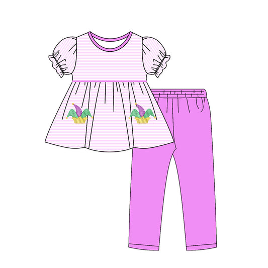 10.29 GSPO2142 Pre order No Moq Baby Girls Mardigras Anchors Stripe Tunic Leggings Clothes Sets