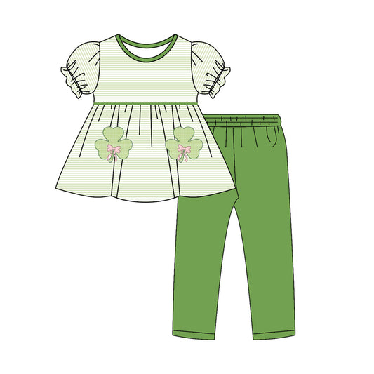 10.29 GSPO2145 Pre order No Moq Baby Girls Bows Clovers Stripe Tunic Leggings St Patrick Clothes Sets