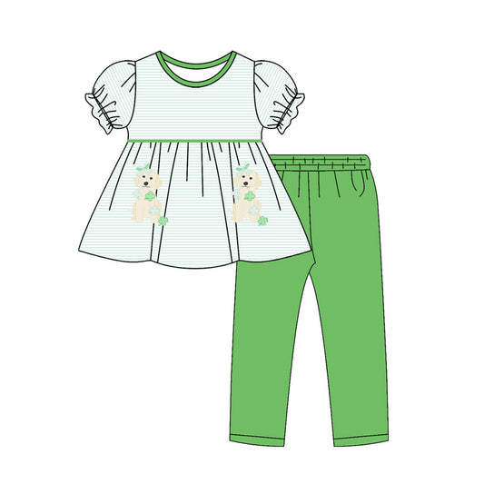 10.29 GSPO2146 Pre order No Moq Baby Girls Dogs Clovers Stripe Tunic Leggings St Patrick Clothes Sets