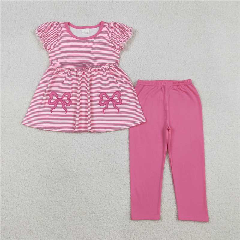 11.29 RTS NO MOQ （In stock）GSPO2150 Embroidery Bows Baby Girls Pink Stripe Tunic Leggings Pant Clothes Sets