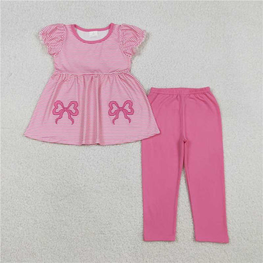 11.29 RTS NO MOQ （In stock）GSPO2150 Embroidery Bows Baby Girls Pink Stripe Tunic Leggings Pant Clothes Sets