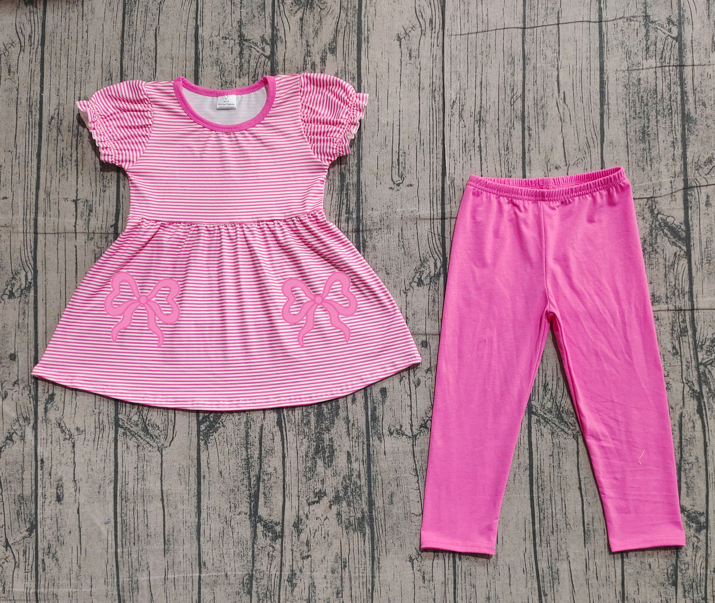 11.5 GSPO2150 Sample No Moq Embroidery Baby Girls Pink Stripe Bows Tunic Leggings Pant Clothes Sets