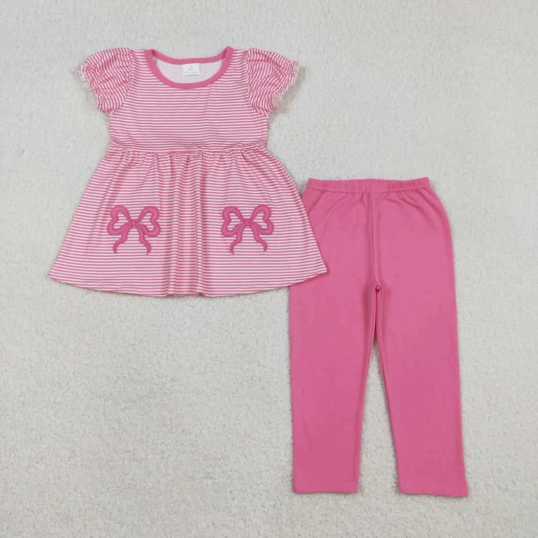 12.4 RTS Sibling Baby Girls Embroidery Bows Stripe Tunic Legging Pants Clothes Sets