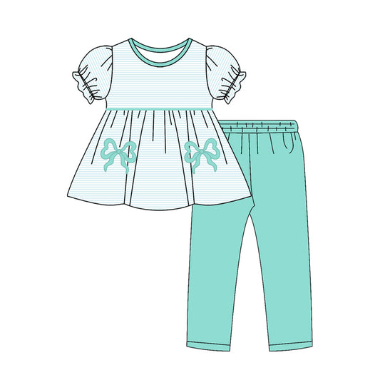 10.27 (Pre Order) No moq GSPO2151 PRE-ORDER Baby Girls Aqua Stripe Bows Tunic Leggings Pant Clothes Sets