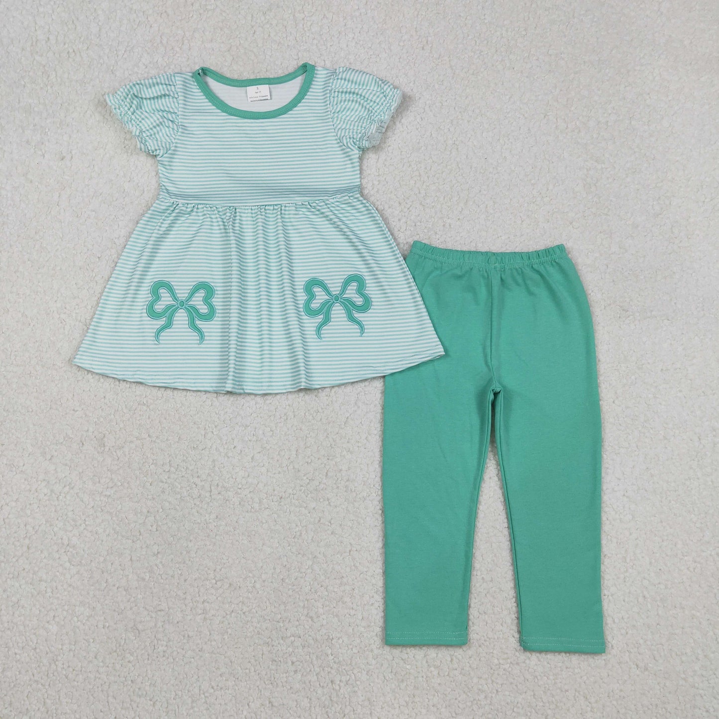 12.4 RTS NO MOQ （In stock）GSPO2151 Embroidery Bows Baby Girls Aqua Stripe Tunic Leggings Pant Clothes Sets
