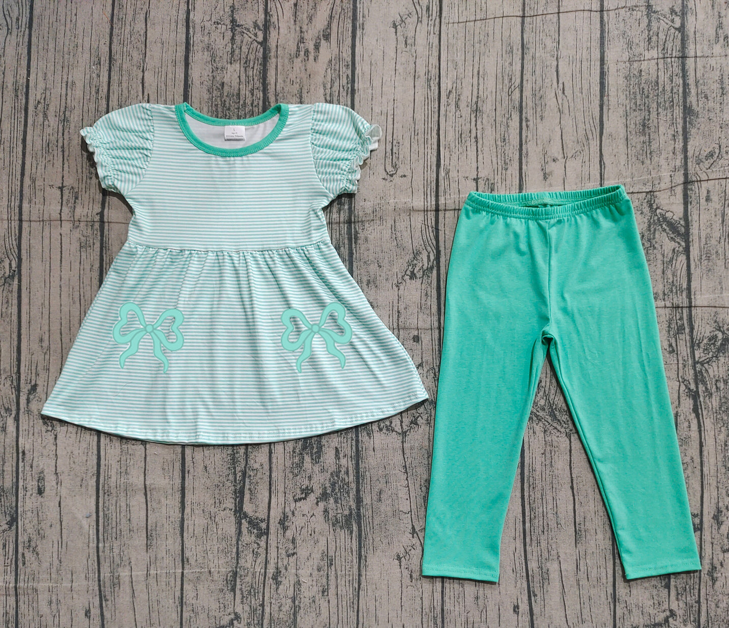 11.5 GSPO2151 Sample No Moq Embroidery Baby Girls Aqua Stripe Bows Tunic Leggings Pant Clothes Sets