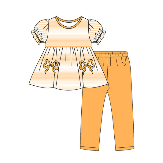 10.27 (Pre Order) No moq GSPO2152 PRE-ORDER Baby Girls Orange Stripe Bows Tunic Leggings Pant Clothes Sets