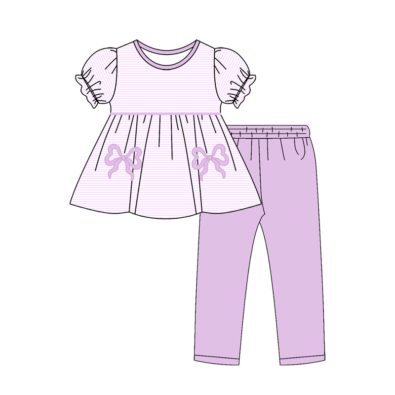 10.27 (Pre Order) No moq GSPO2153 PRE-ORDER Baby Girls Lavender Stripe Bows Tunic Leggings Pant Clothes Sets