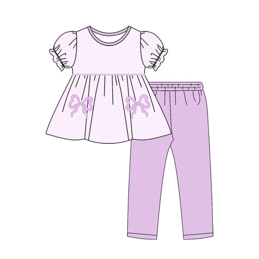 10.27 (Pre Order) No moq GSPO2153 PRE-ORDER Baby Girls Lavender Stripe Bows Tunic Leggings Pant Clothes Sets