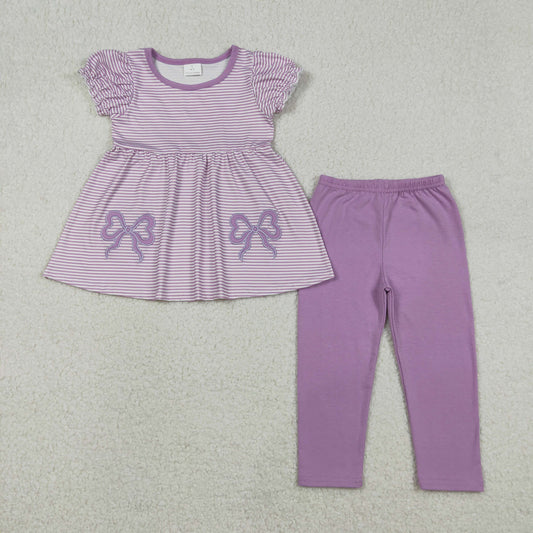 12.9 RTS NO MOQ （In stock）GSPO2153 Embroidery Bows Baby Girls Lavender Stripe Tunic Leggings Pant Clothes Sets