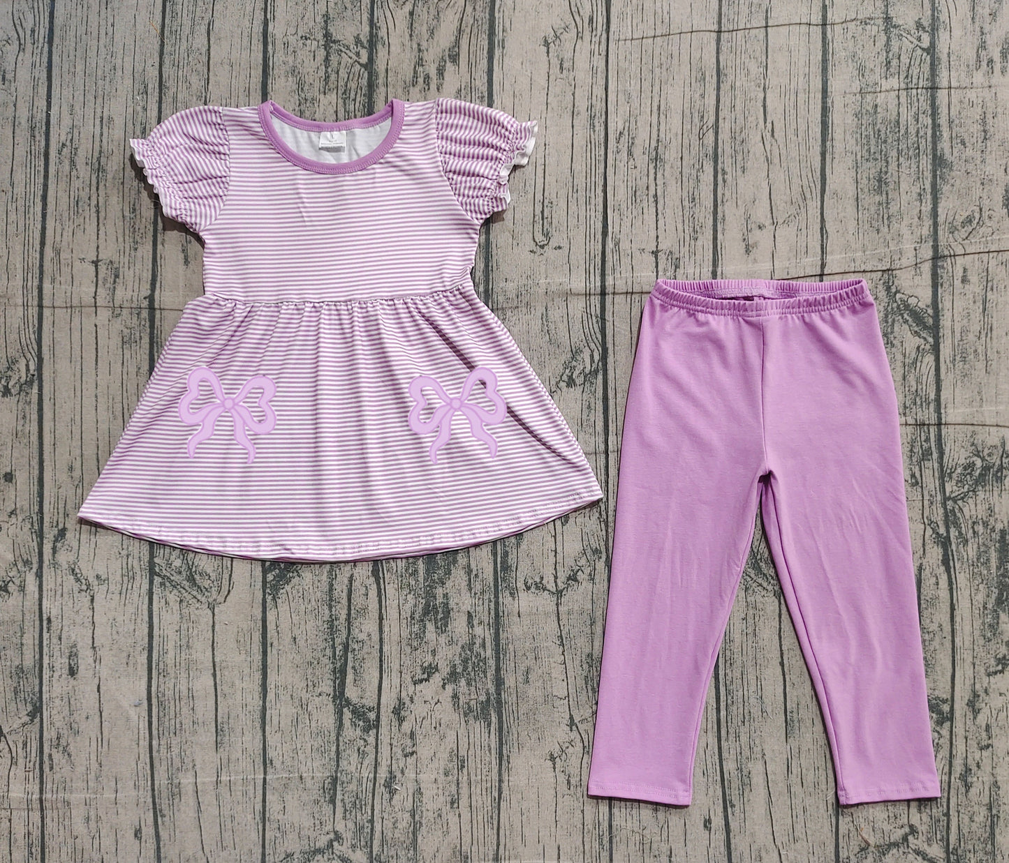 11.5 GSPO2153 Sample No Moq Baby Girls Lavender Stripe Bows Tunic Leggings Pant Clothes Sets
