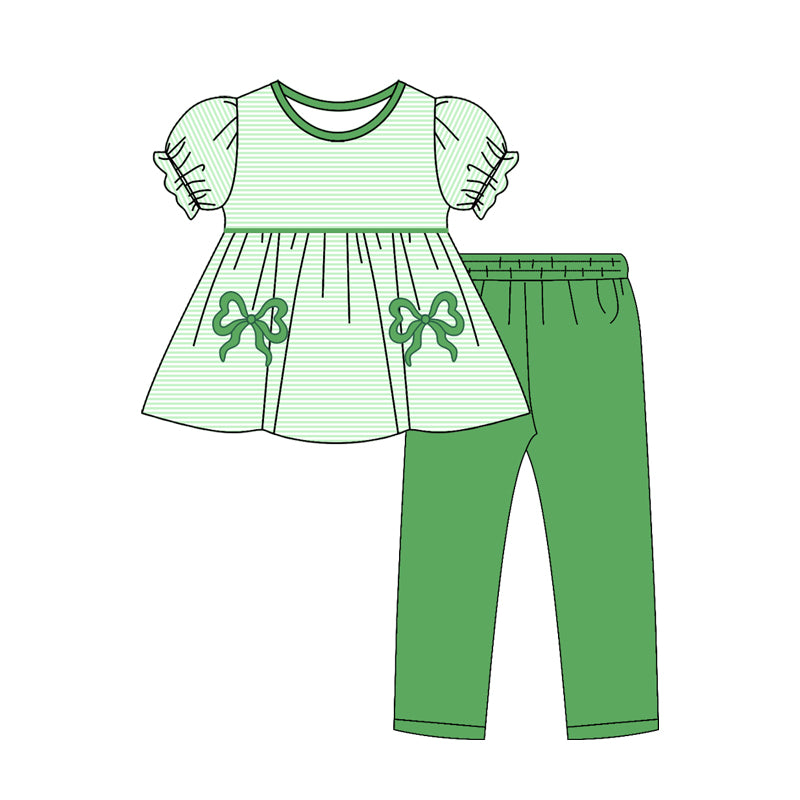 10.27 (Pre Order) No moq GSPO2154 PRE-ORDER Baby Girls Green Stripe Bows Tunic Leggings Pant Clothes Sets