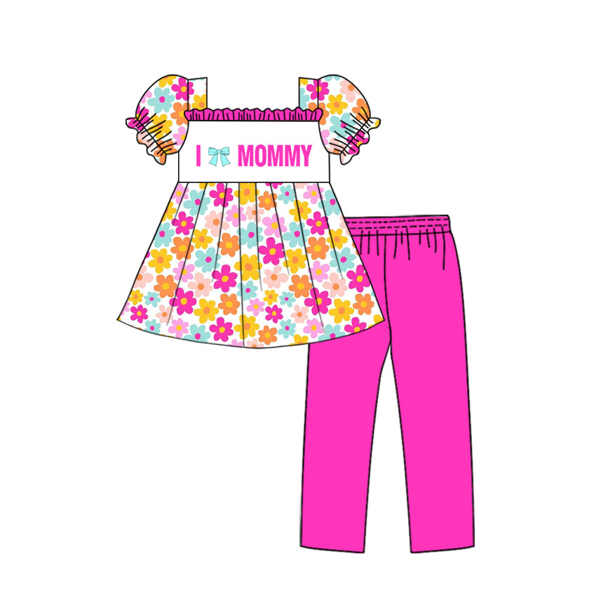 10.30 GSPO2157 Pre order No Moq Baby Girls I Love Mommy Flowers Tunic Leggings Pants Clothes Sets