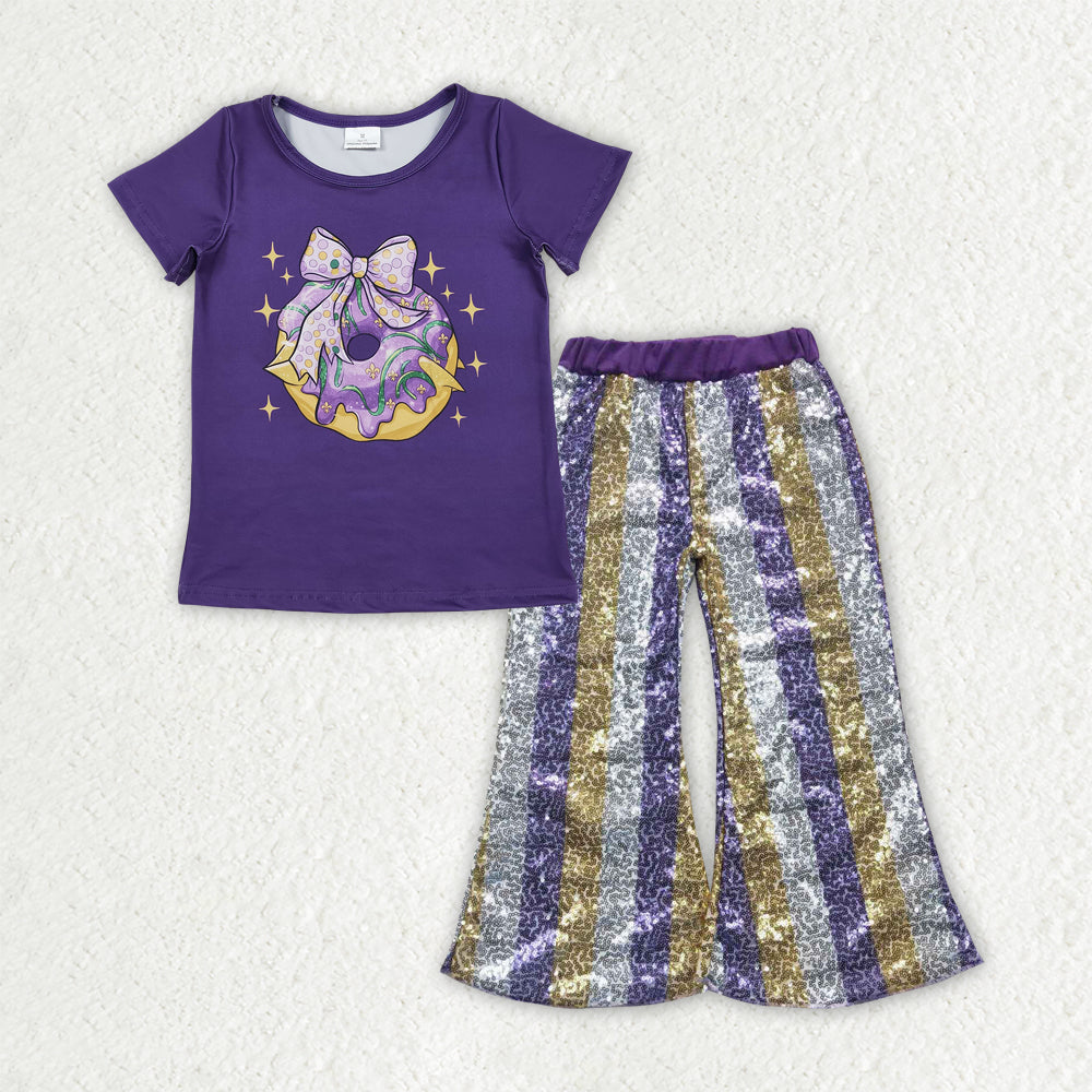 11.14 RTS NO MOQ （In stock）GT1252 + P0276 Baby Girls Purple Bows Donuts Top Stripe Sequin Flare Pants Mardigras Clothes Sets