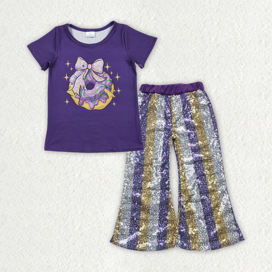 11.14 RTS NO MOQ （In stock）GT1252 + P0276 Baby Girls Purple Bows Donuts Top Stripe Sequin Flare Pants Mardigras Clothes Sets