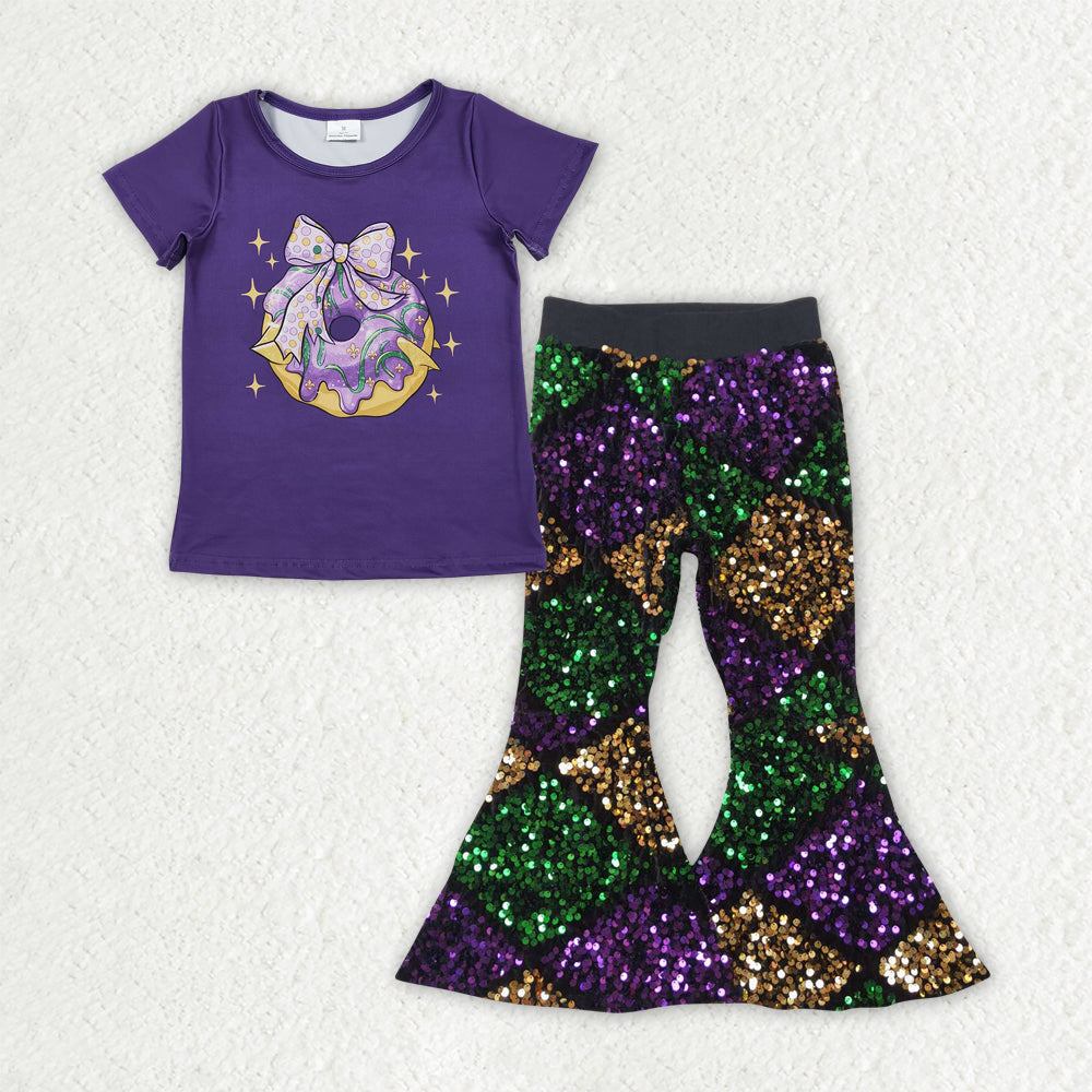 11.8 RTS NO MOQ （In stock）GT1252 + P0359 Baby Girls Purple Bows Donuts Top Sequin Bell Bottom Pants Mardigras Clothes Sets