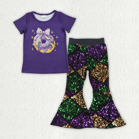 11.8 RTS NO MOQ （In stock）GT1252 + P0359 Baby Girls Purple Bows Donuts Top Sequin Bell Bottom Pants Mardigras Clothes Sets